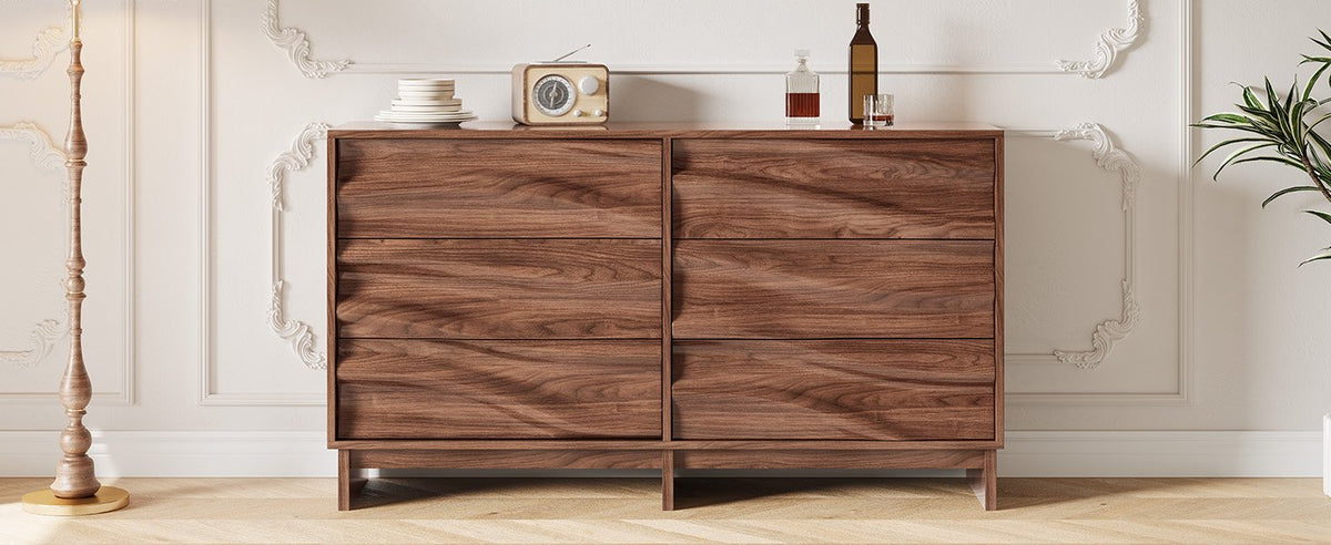 59.1" Buffet Sideboard with 6 Drawers, Walnut Finish with Wave Grain Texture, Farmhouse Storage Cabinet for Dining Room Living Room Hallway, Large Space Accent Furniture, Easy Assembly