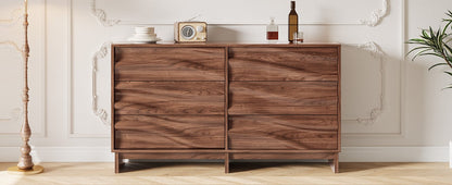 59.1" Buffet Sideboard with 6 Drawers, Walnut Finish with Wave Grain Texture, Farmhouse Storage Cabinet for Dining Room Living Room Hallway, Large Space Accent Furniture, Easy Assembly