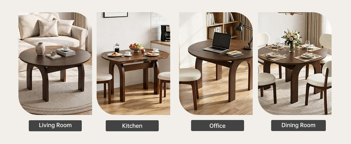 51.2" Solid Wood Extendable Dining Table, Converts Oval to Round with Walnut Finish, Sturdy Arch-Shaped Legs & Drop Leaf Design, Farmhouse Kitchen Table for Small Spaces, Easy Assembly