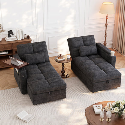 66.33" Modular Sleeper Sofa with Double Storage Chaise, 5-Position Adjustable Backrest, USB Port, Foldable Side Tray & Cup Holder, Convertible Chenille Sectional Sofa Bed for Apartment Living Room, D