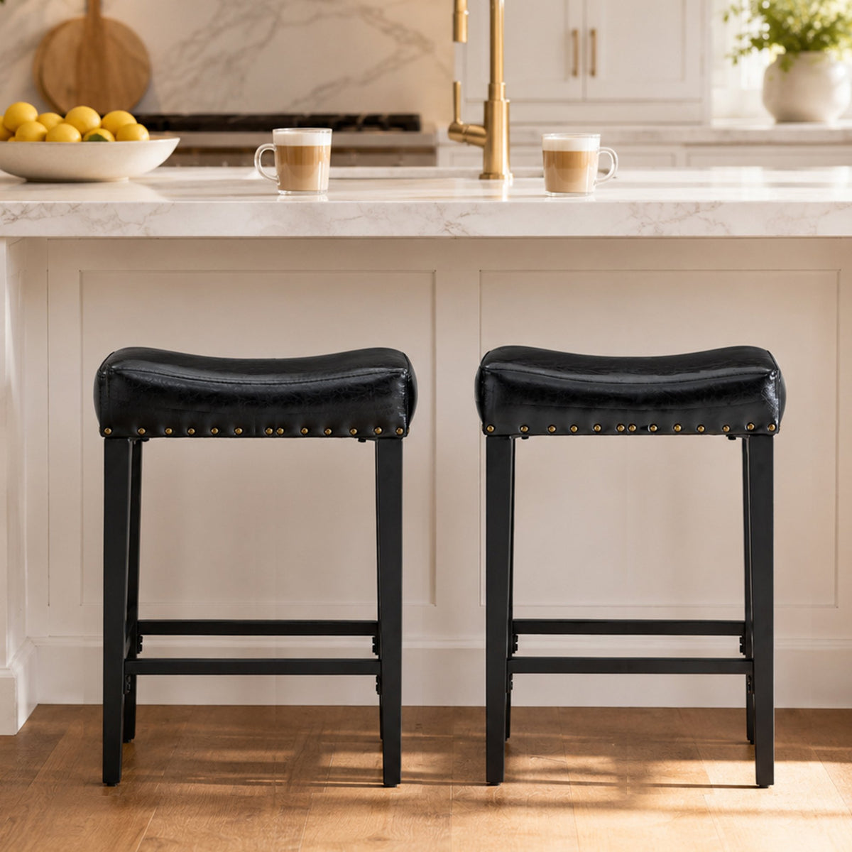 2-piece bar stool, 25.6 inches high, no back design, with 4-inch thick padded seat, equipped with brass nailhead decoration, leather material, 1.6-inch heavy-duty carbon steel legs, black color