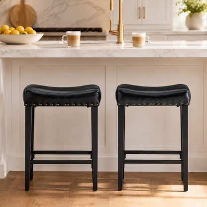 2-piece bar stool, 25.6 inches high, no back design, with 4-inch thick padded seat, equipped with brass nailhead decoration, leather material, 1.6-inch heavy-duty carbon steel legs, black color