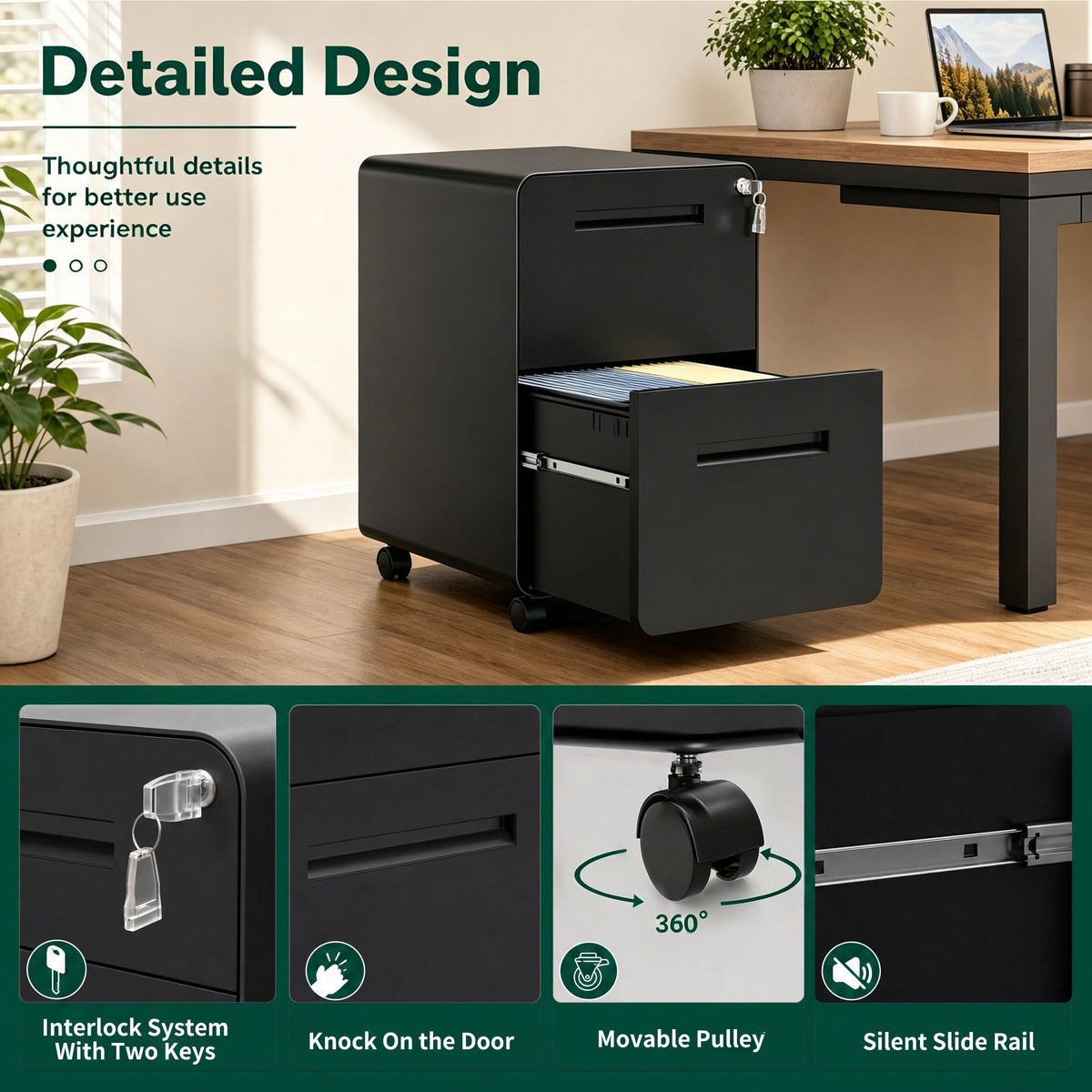 2 Drawer Metal Mobile File Cabinet with Lock, All-Steel Metal Storage Cabinet on 360° Wheels, Fully Assembled, Holds A4/Letter/Legal Files, Black Steel Office Storage Cabinet for Home Office