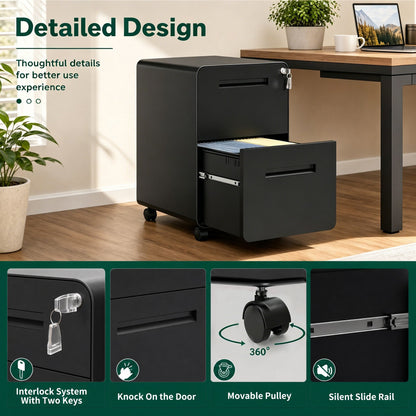 2 Drawer Metal Mobile File Cabinet with Lock, All-Steel Metal Storage Cabinet on 360° Wheels, Fully Assembled, Holds A4/Letter/Legal Files, Black Steel Office Storage Cabinet for Home Office