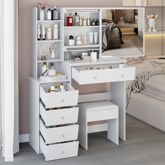 37" Left Bedside Cabinet Dressing Table + Cushioned Stool, Extra Large Right Sliding Mirror, Multi Layer High Capacity Storage