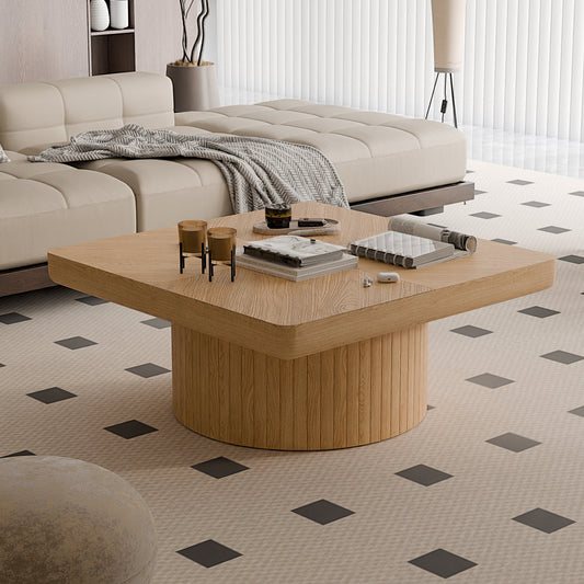 34.6'' Square Coffee Table, Modern Wood Veneer Top with Parquet Pattern & Cylindrical Base, Thickened Tabletop, Easy Assembly, Natural Wood