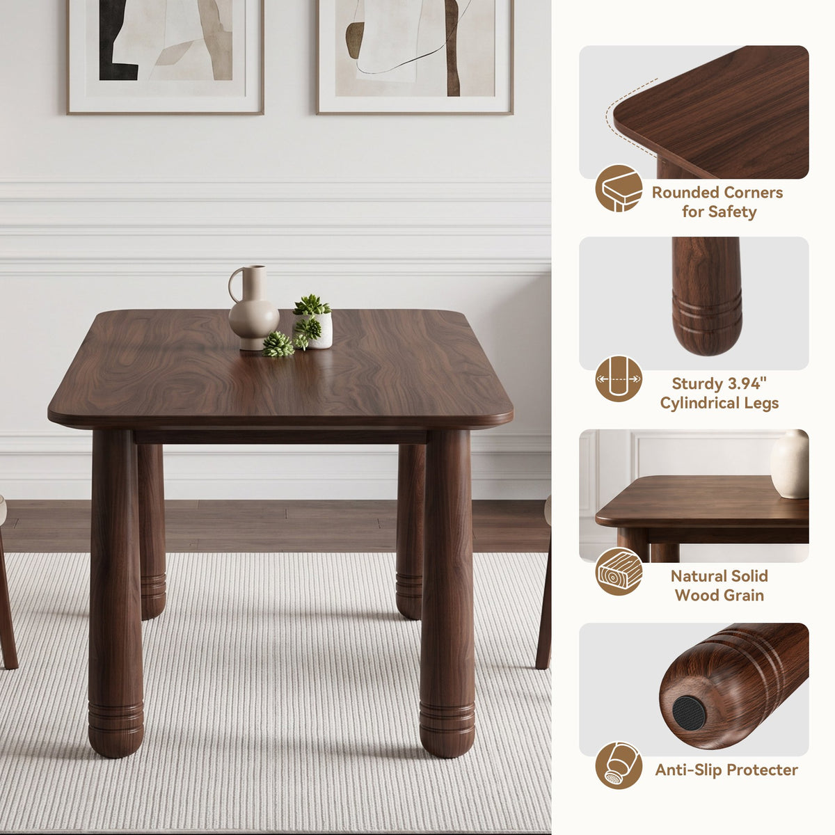 63" Solid Wood Dining Table Set with 4 Upholstered Chairs, Farmhouse Dinner Table Set of 5 Piece with Walnut Finish & Beige Chenille Seats, Heavy-Duty Support up to 1000 lbs, Easy Assembly