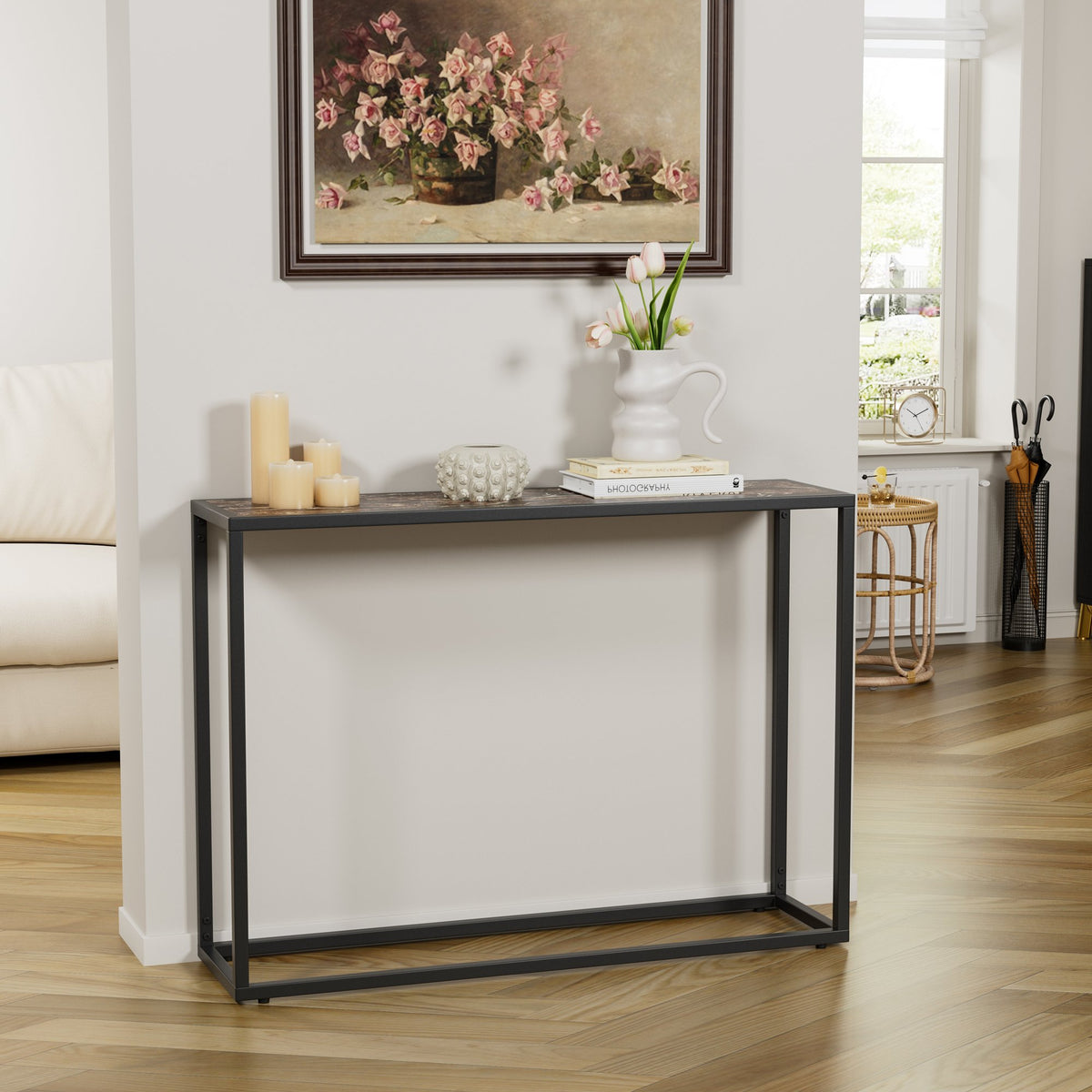 3-piece set of narrow table, high-end edge wrapped entrance hall table, entrance, industrial corridor table, living room, entrance hall, rural brown black color