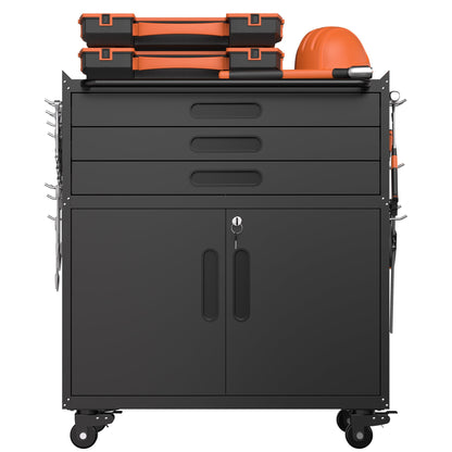 34.3" Rolling Metal Tool Cabinet - Heavy Duty Garage Storage with Lockable Doors & 3 Drawers, Mobile Workbench Organizer for Garage, Workshop, Home