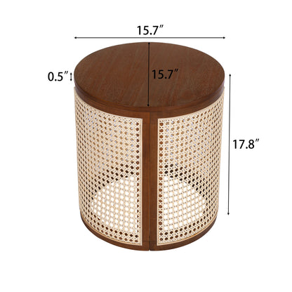 15.70" Round End Table, Hollow Woven Side Table, Small Rubber Wood Nightstand, Rattan Woven Tea Desk, Round Wood Tabletop, Chic Home Decor Desk, Easy Assembly, Dark Brown Color