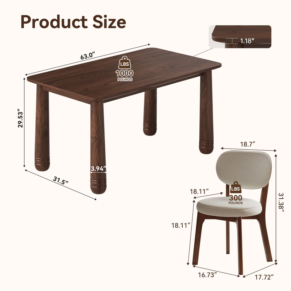 63" Solid Wood Dining Table Set with 4 Upholstered Chairs, Farmhouse Dinner Table Set of 5 Piece with Walnut Finish & Beige Chenille Seats, Heavy-Duty Support up to 1000 lbs, Easy Assembly