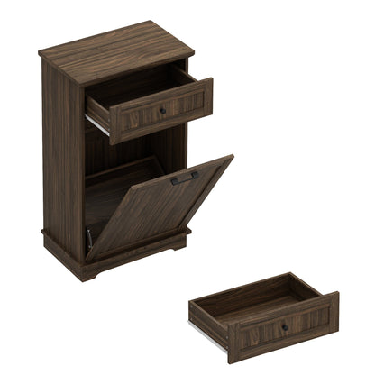 10 Gallon Tilt Out Trash Cabinet Freestanding Trash Bin Cabinet Wood Garbage Recycling Cabinet with Hideaway Drawer Pet Proof Trash Can Holder for Kitchen Living Room, Antique Brown (not include can)