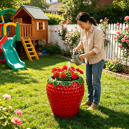 15'' tall Strawberry Shaped Planter Pot, Cute Fruit Decorative Flower Vase, Weather Resistant Outdoor Garden Planter for Patio Porch Yard Lawn Entryway Home Tabletop Decor