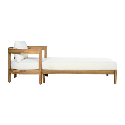 78" Acacia Wood Outdoor Chaise Lounge Chair with Curved Frame, Weather Resistant Patio Reclining Daybed with Thick Removable Cream Cushion, Single Arm Outdoor Lounger for Poolside, Backyard & Garden