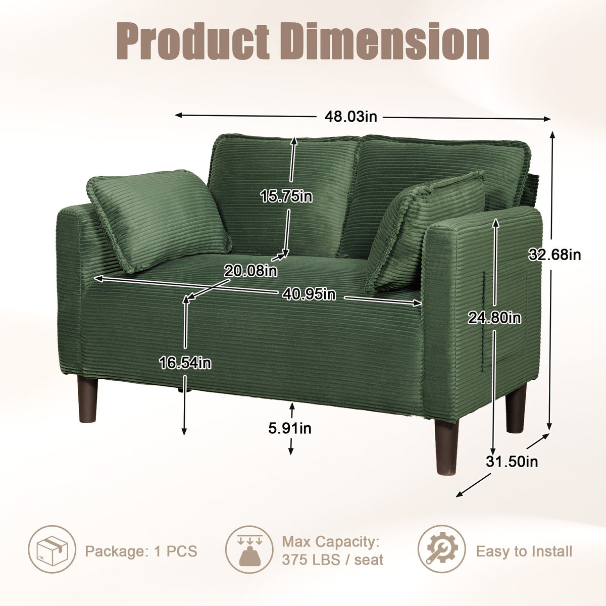 48" Soft Corduroy Loveseat Couch W/Soft Cushions,Side Storage Pocket,Sturdy Composite Board & Solid Wood Frame, High Rebound Sponge,Easy Assembly,Ideal for Living Room,Apartment,Dorm,Office.