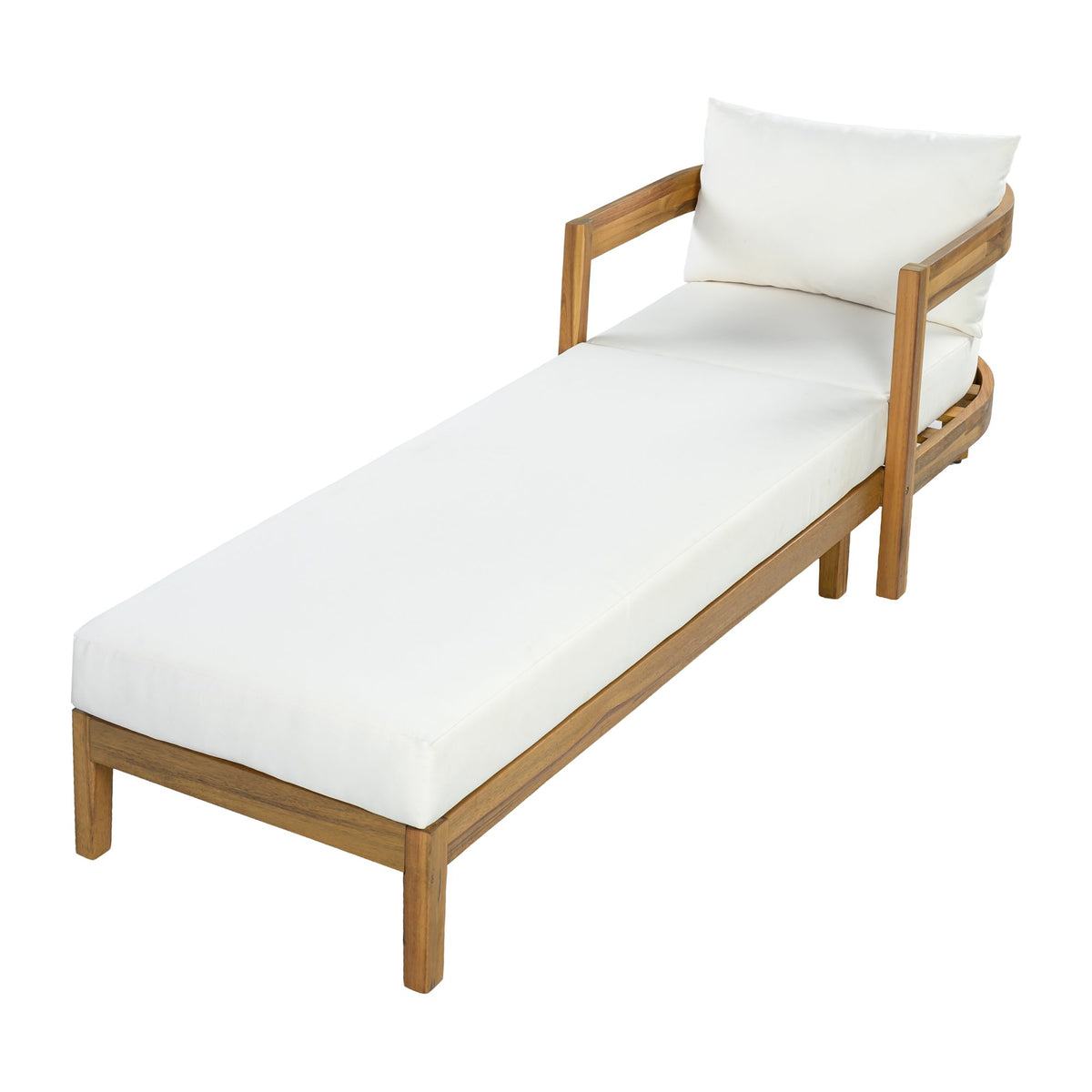78" Acacia Wood Outdoor Chaise Lounge Chair with Curved Frame, Weather Resistant Patio Reclining Daybed with Thick Removable Cream Cushion, Single Arm Outdoor Lounger for Poolside, Backyard & Garden