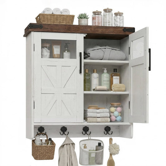 Bathroom Wall Cabinet Wall, Over Toilet Storage Cabinet, Bathroom Medicine Cabinet with Adjustable Shelves & Hook, Farmhouse Bathroom Storage for Small Bathrooms, Kitchen, Laundry