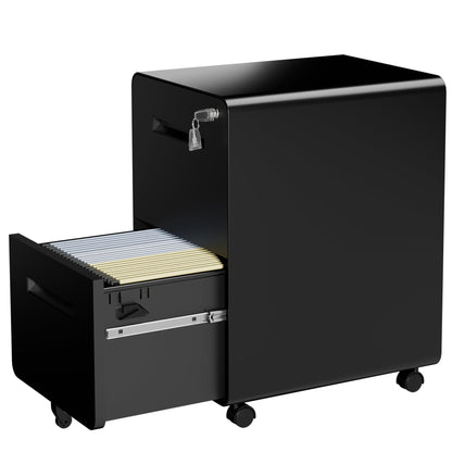 2 Drawer Metal Mobile File Cabinet with Lock, All-Steel Metal Storage Cabinet on 360° Wheels, Fully Assembled, Holds A4/Letter/Legal Files, Black Steel Office Storage Cabinet for Home Office