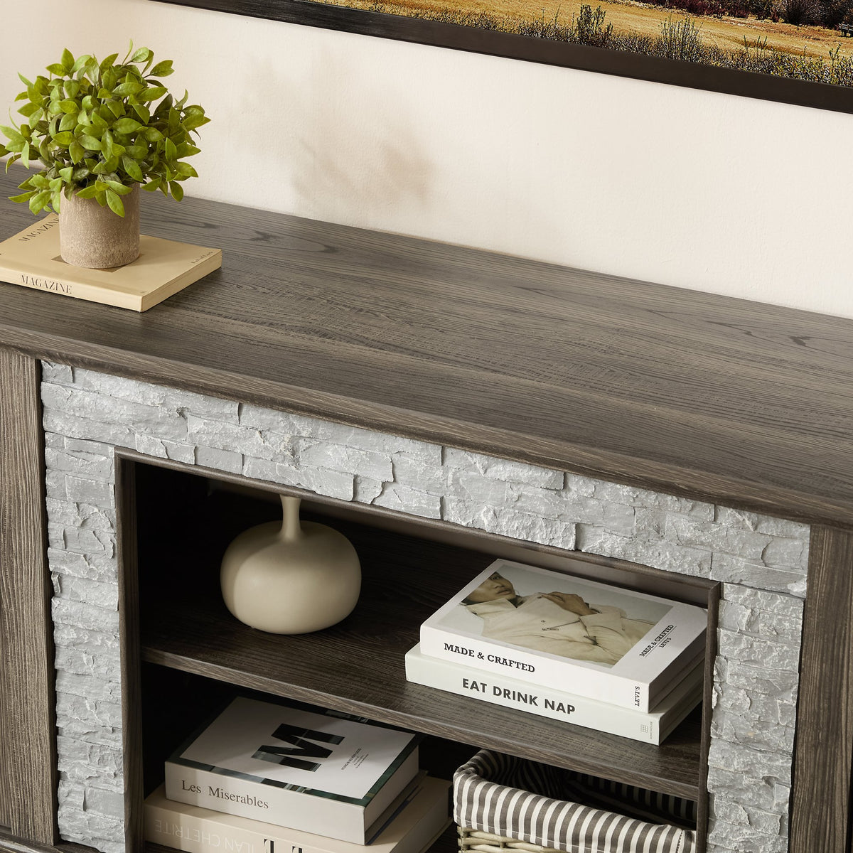 70" Modern TV Stand with 2-Door Storage, Faux Stone Media Console Cabinet, Grey Large Entertainment Center