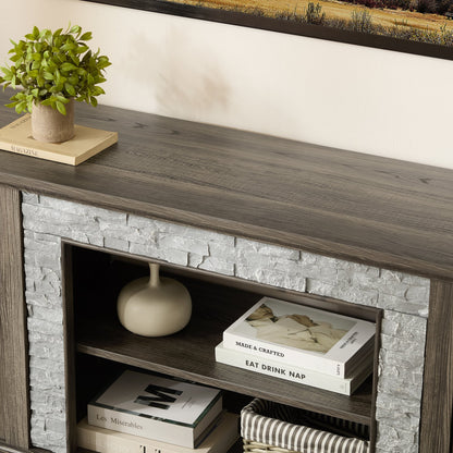 70" Modern TV Stand with 2-Door Storage, Faux Stone Media Console Cabinet, Grey Large Entertainment Center