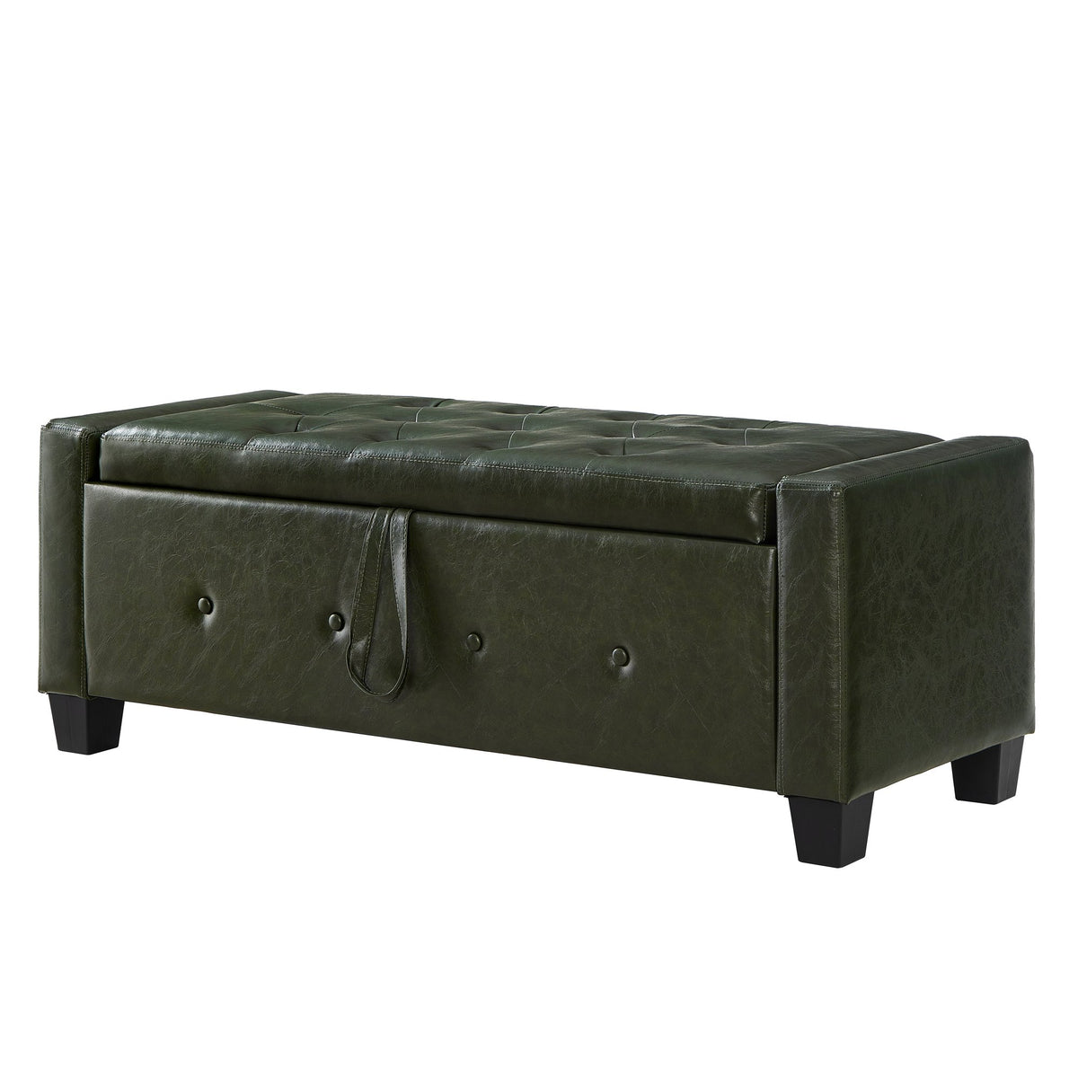 48" Ottoman Bench with Storage, Upholstered Tufted Faux Leather PU Ottoman Dark Green