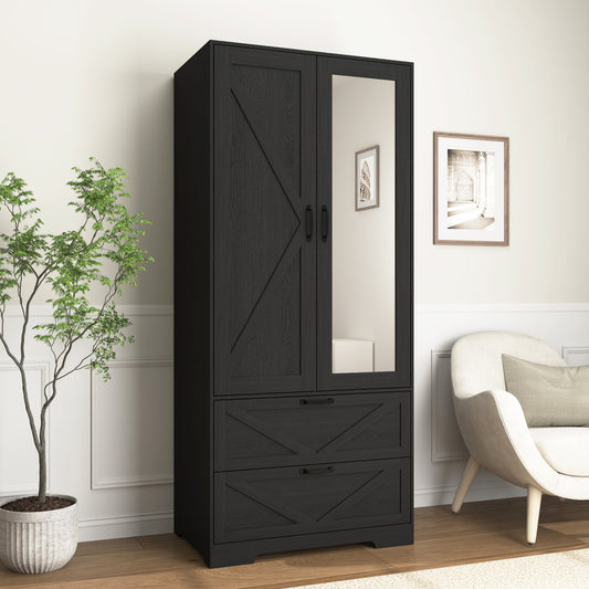 2 Door Wood Wardrobe for Bedroom with Hanging Clothing Rod inside the Cabinet and 2 Drawers for Storage Organization – Model W409P266778