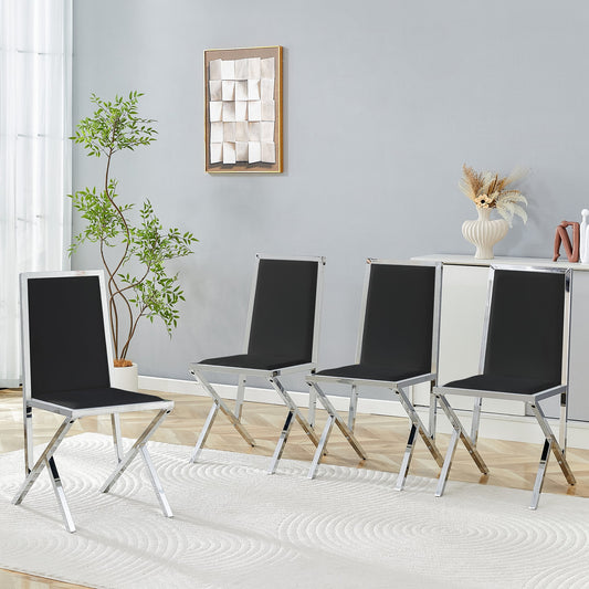 4-pack silver metal framed black PU dining chairs: ergonomic design