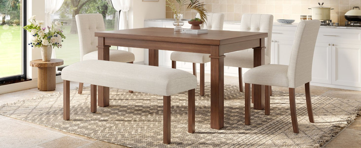 6-Piece Modern Dining Set, Rectangle Kitchen Table with 4 Upholstered Chairs & Bench, Ideal, (Easy Assembly, Space Saving)