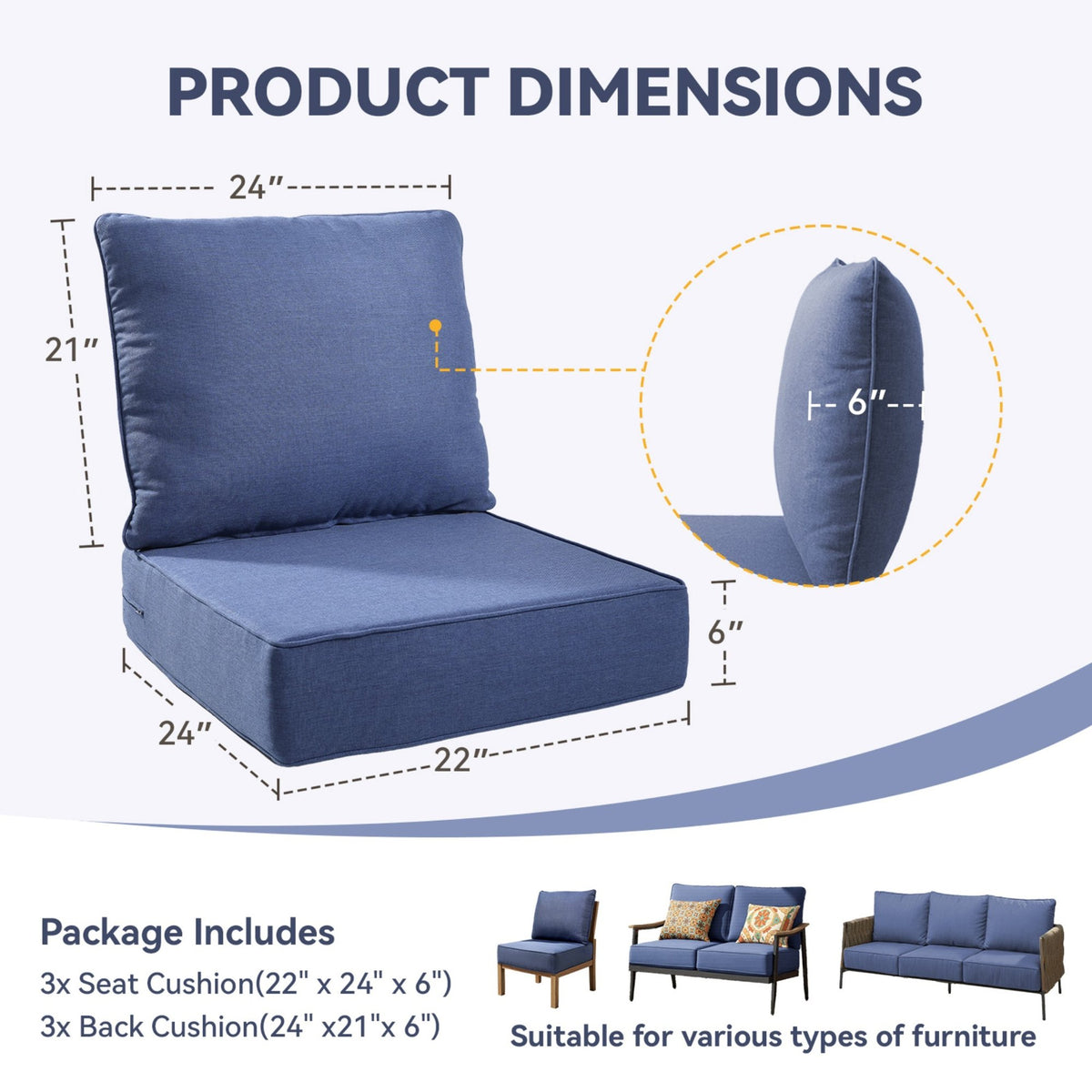 6" Thicker Outdoor Chair Cushion 3 Sets-24"x22"x6" Waterproof Patio Furniture Cushions with Removable Cover 28D High Density Sponge Filling Thicken Outdoor Patio Cushions-Blue