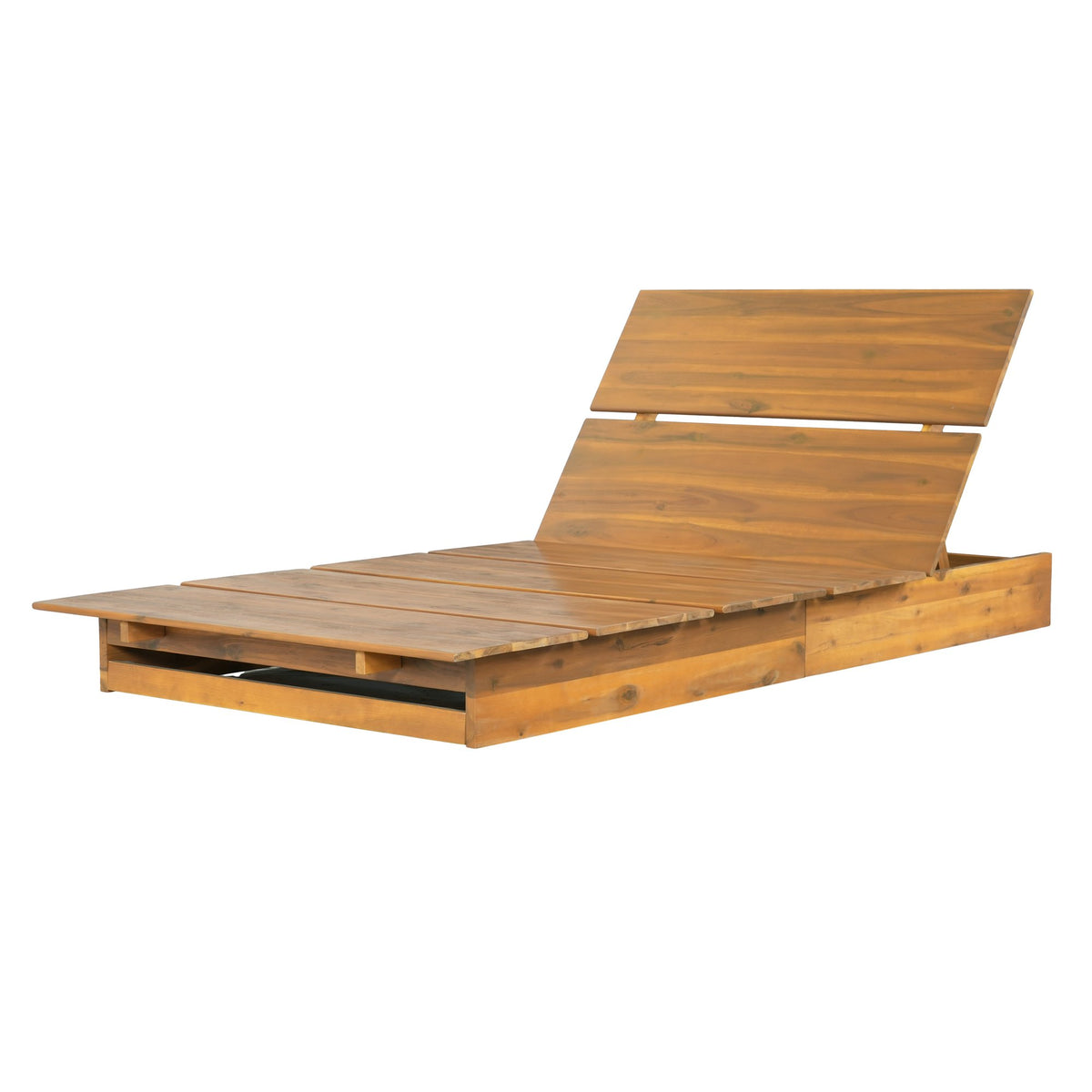 Acacia Wood Chaise Lounge with 4" Thick 3-Fold Dark Gray Movable Cushion – Wide Teak Finish Patio Lounger, 3-Position Recliner, 400 lbs Capacity