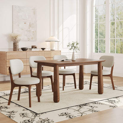 63" Solid Wood Dining Table Set with 4 Upholstered Chairs, Farmhouse Dinner Table Set of 5 Piece with Walnut Finish & Beige Chenille Seats, Heavy-Duty Support up to 1000 lbs, Easy Assembly