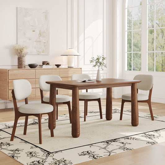 63" Solid Wood Dining Table Set with 4 Upholstered Chairs, Farmhouse Dinner Table Set of 5 Piece with Walnut Finish & Beige Chenille Seats, Heavy-Duty Support up to 1000 lbs, Easy Assembly