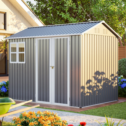 8'x6" Large Steel Storage Shed with Window, Lockable Doors & Sloped Roof, Heavy Duty Outdoor Tool Shed, Lawn - Dark Gray