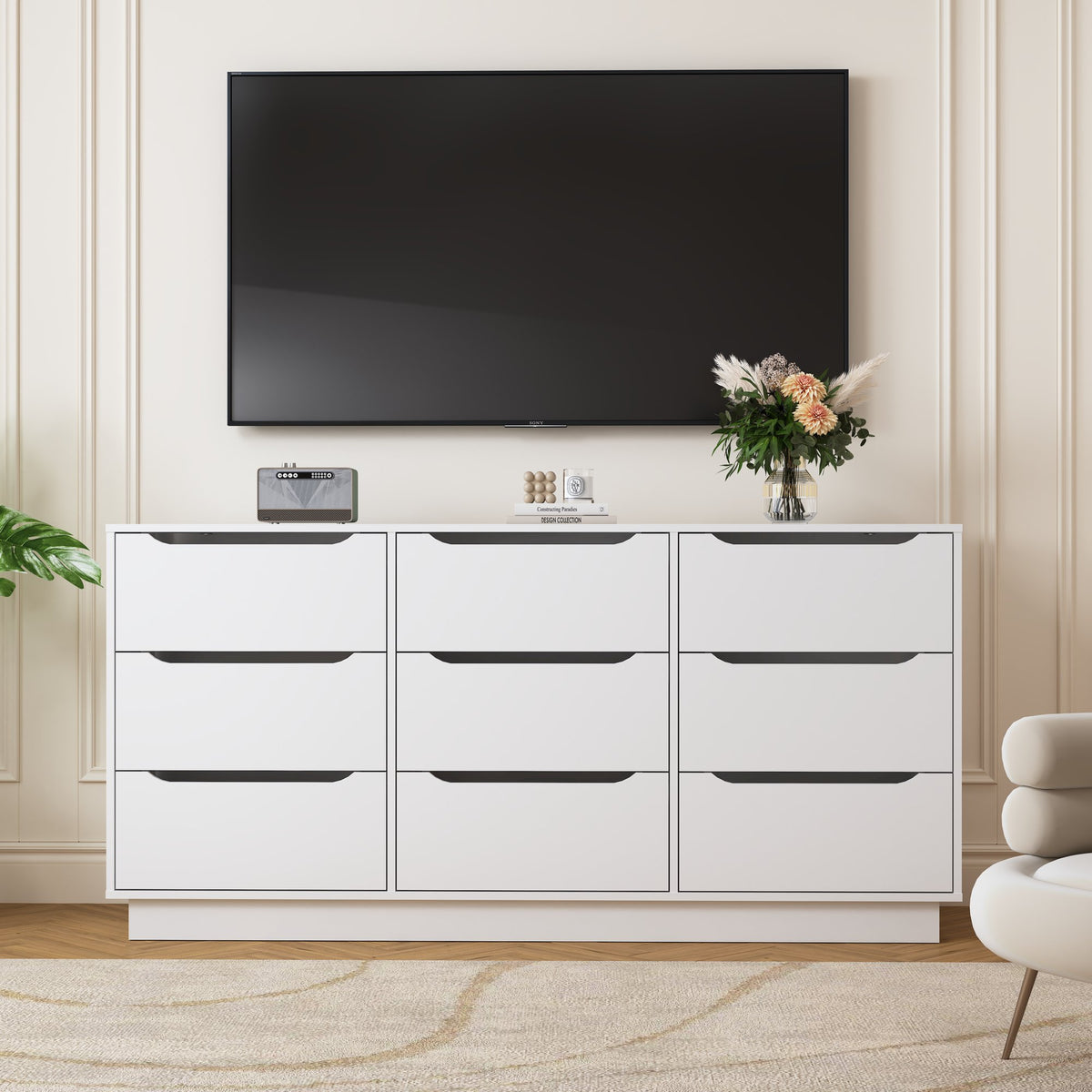 9 Drawer Dresser for Bedroom with Deep Drawers, Large Floor Wood Dressers & Chest of Drawers , Modern White Long Dressers for Closet Living Room