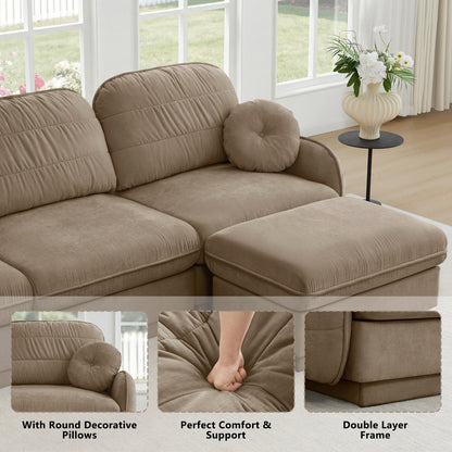 105'Chenille Cloud 3-Seater Sofa,Exquisite round pillows and quilted back cushions,Recessed Base Frame Legs,Ergonomic Design Bottom,Easy Assembly,Deep Seat Sofa Couch For Living Room,Light coffee