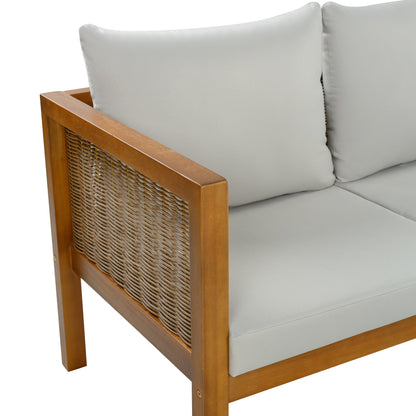 3-Seater Patio Set Outdoor Sofa & Coffee Table Set 2 Piece Outdoor Conversation Patio Furniture Set with Cushions and a Coffee Table for Garden, Backyard, Balcony, Poolside,Grey Cushion +Natural Wood