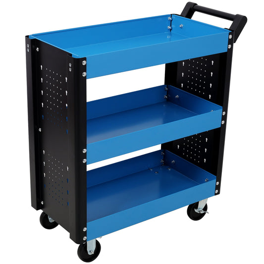3 Tier Rolling Tool Cart on Wheels, Heavy Duty Utility Tool Cart with Pegboard for Repair Shop, Garage, Warehouse, Blue