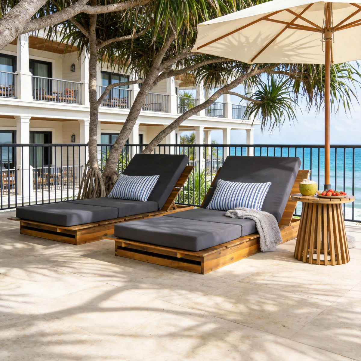 Acacia Wood Chaise Lounge with 4" Thick 3-Fold Dark Gray Movable Cushion – Wide Teak Finish Patio Lounger, 3-Position Recliner, 400 lbs Capacity