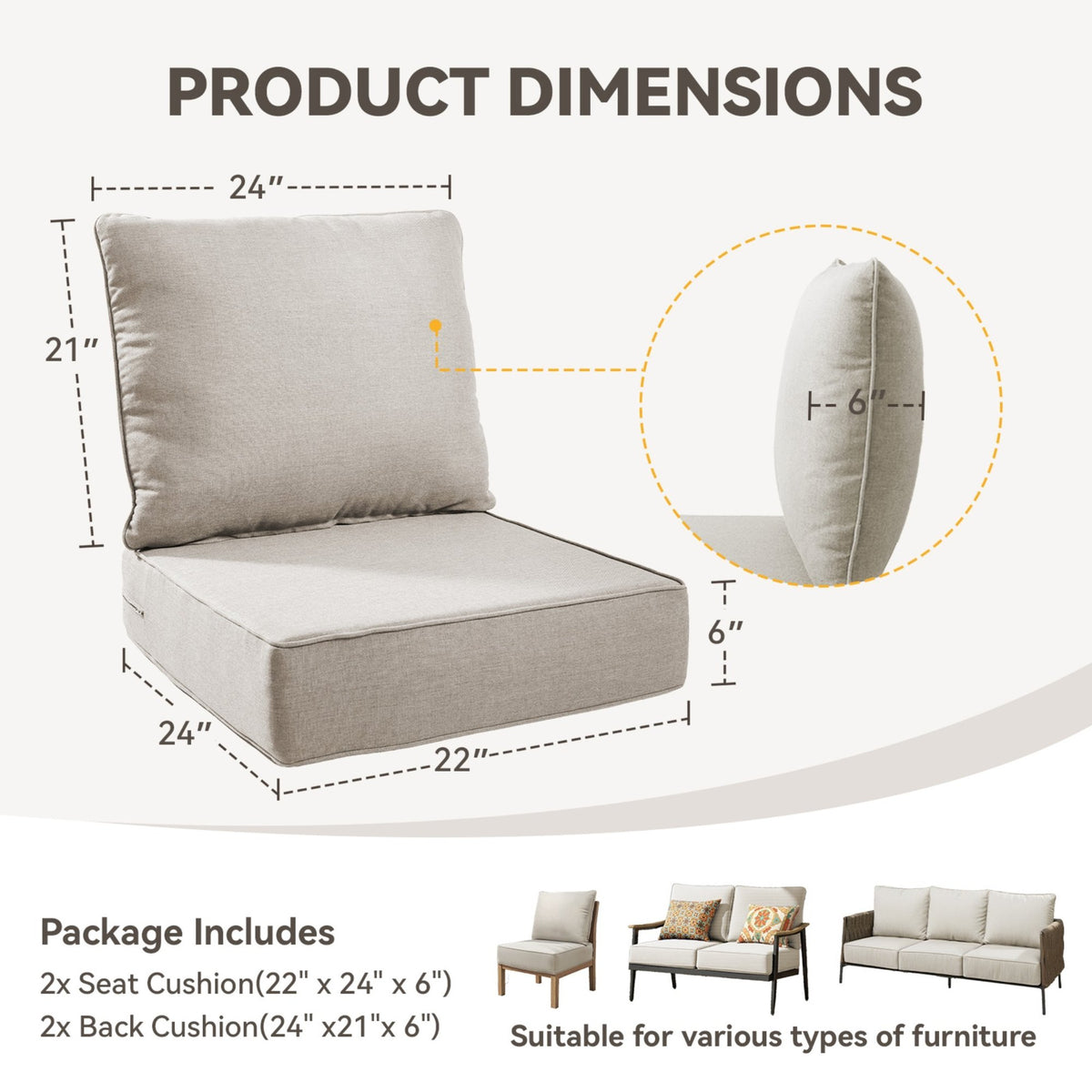 6" Thicker Outdoor Chair Cushion 2 Sets-24"x22"x6" Waterproof Patio Furniture Cushions with Removable Cover 28D High Density Sponge Filling Thicken Outdoor Patio Cushions-Beige