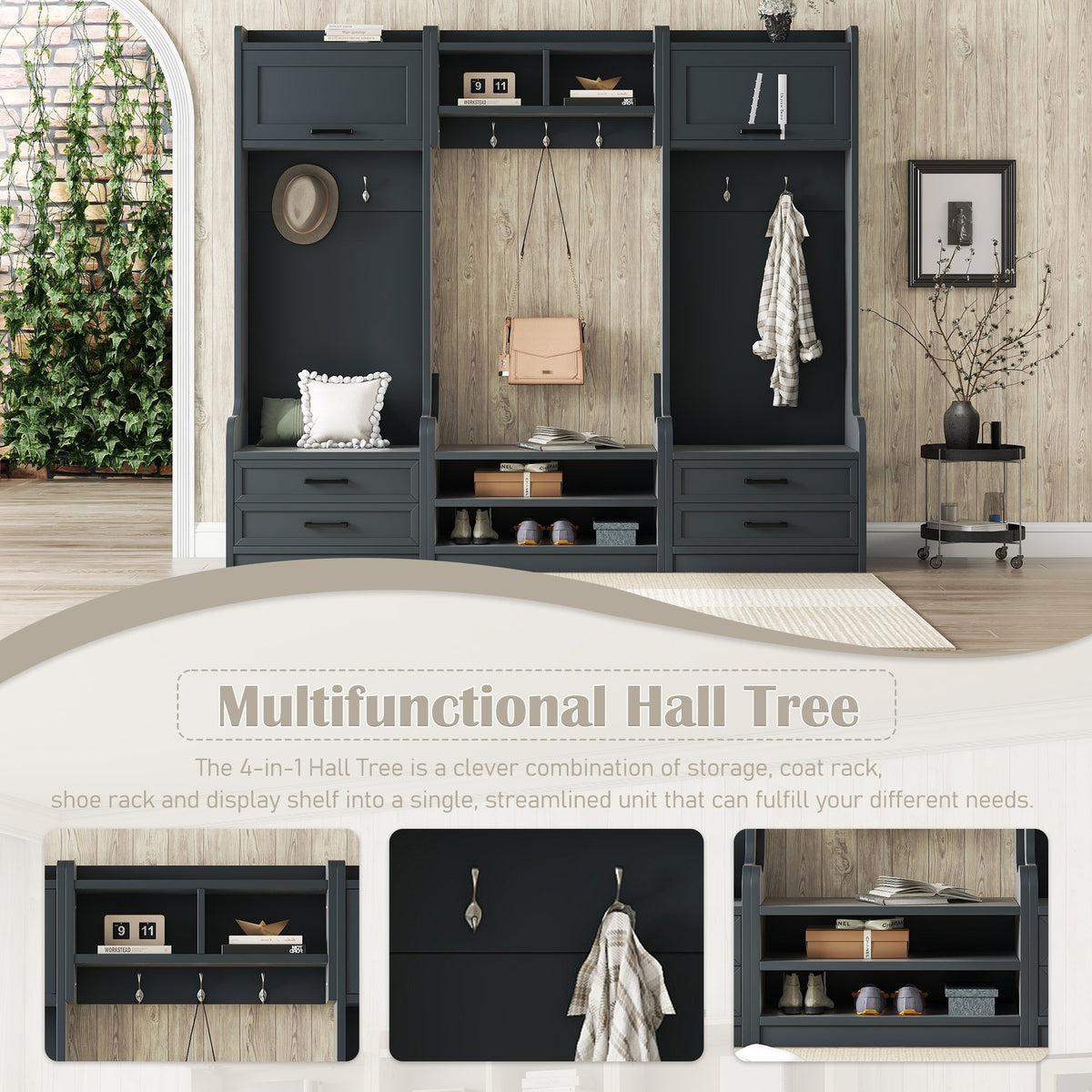 4-in-1 Detachable Hall Tree with Storage and 7 Hooks, Multiple Functions Hallway Coat Rack with Storage Drawers and Cabinet