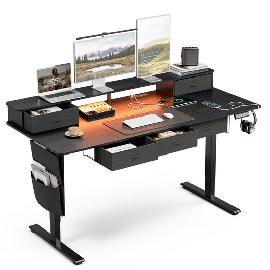 71x32" Sit-Stand Desk w/ 5 Drawers, Power Hub, LED Lights, Monitor Shelf & Cable Mgt, 28.3-47.2" Adj, Black