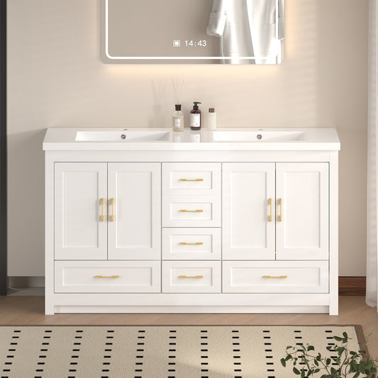 60"white Bathroom Vanity. Abundant Storage Cabinet -4 Soft close doors and 5 drawers