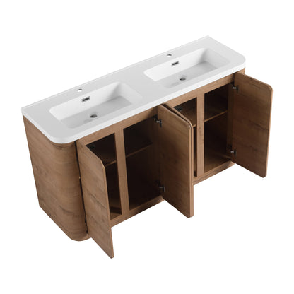 60'' Freestanding Bathroom Vanity with White Resin Sink, 4-Soft-Close Door, KD-Packing, Plywood, Imitative Oak