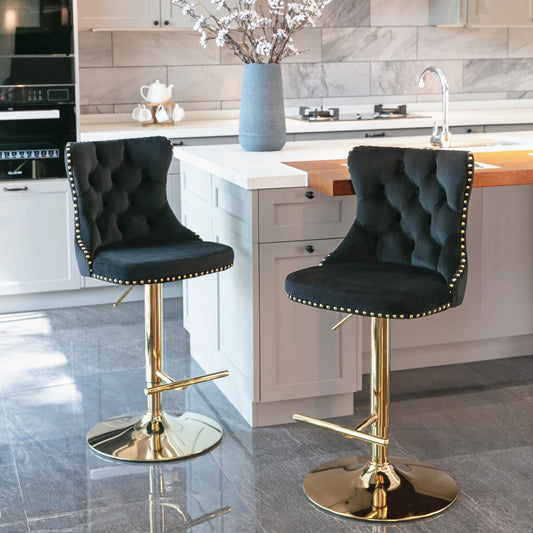 A&A Furniture, Golden Swivel Velvet Barstools Adjusatble Seat Height from 25-33 Inch – Black