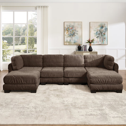 4 Seat Ruched Detailing Chenille Modular Sectional Sofa,Movable 2 Ottomans,High-Density Foam,L Shape Thickened  Back Cushions,Easy Assembly,For Living Room,Bedroom,Brown