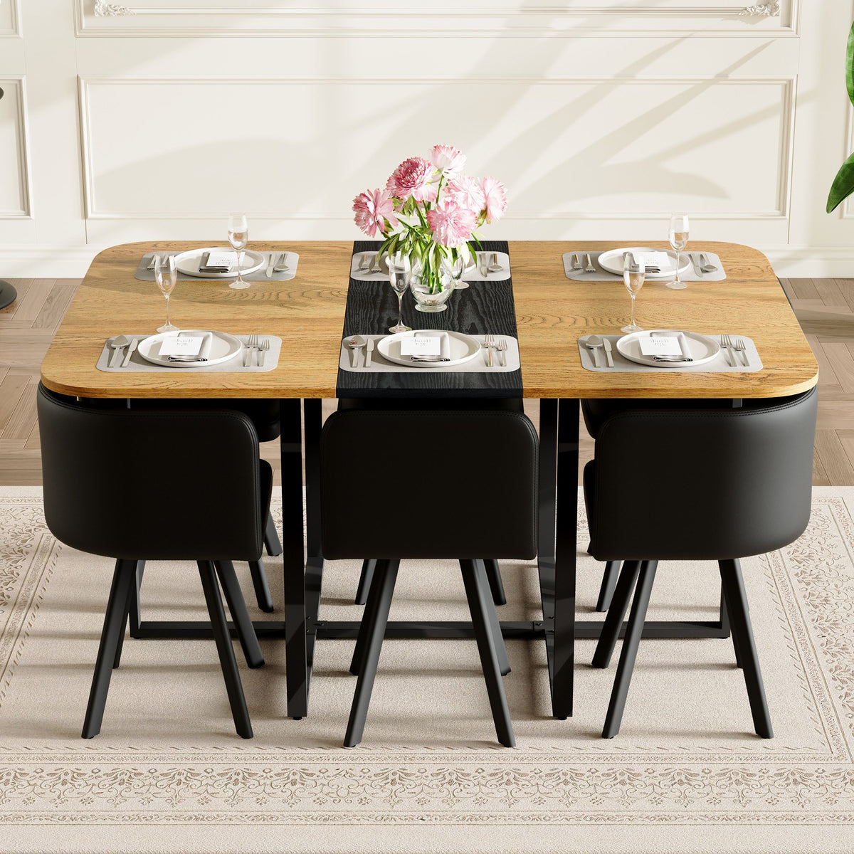 7-Piece Rectangular Dining Table Set, Fixed Two-Tone Wood Grain & Black Triamine Tabletop with 6 Black PU Leather Chairs
