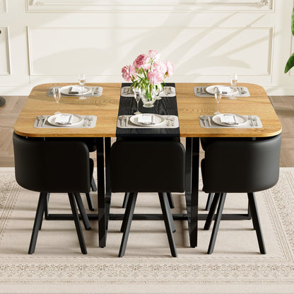 7-Piece Rectangular Dining Table Set, Fixed Two-Tone Wood Grain & Black Triamine Tabletop with 6 Black PU Leather Chairs
