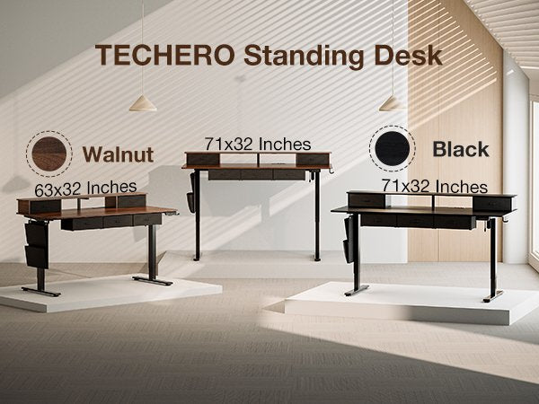 71x32" Sit-Stand Desk w/ 5 Drawers, Power Hub, LED Lights, Monitor Shelf & Cable Mgt, 28.3-47.2" Adj, Walnut