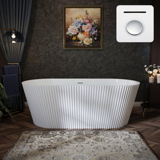 67" Acrylic Freestanding Bathtub, Modern Deep Soaking Tub w/ Overflow & Chrome Pop-Up Drain, Fluted Oval Shape Stand Alone Soaker Tub for Bathroom Remodel Projects, Glossy White GF-26A13-67-C