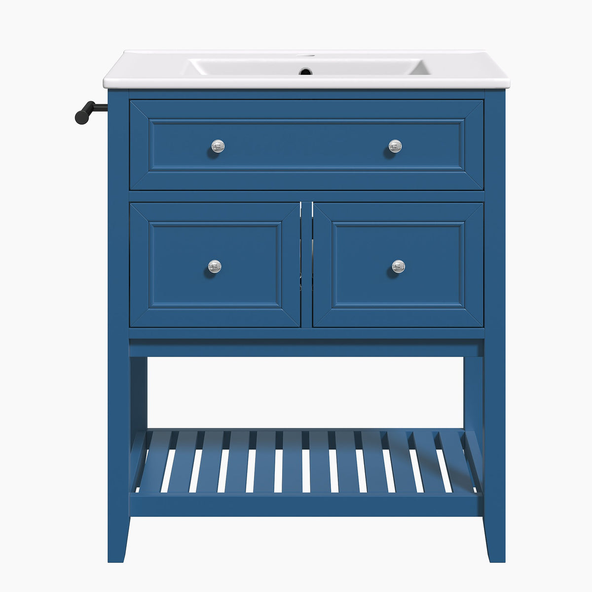 30" Navy Blue Bathroom Vanity with Ceramic Sink – Freestanding Storage Cabinet with Tip-Out Drawer, 2 Drawers & Open Slatted Shelf, Reversible Side Towel Rack, Silver Handles, MDF